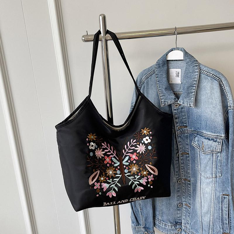 Summer New Fashionable Embroidered Shopping Bag Butterfly Style Single Shoulder Crossbody Handbag with Large Capacity