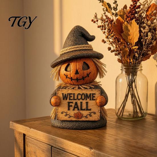 Versatile Festival Soft Furnishings Fall Scarecrow Figurine, Wooden Pumpkin Statue, Rustic Autumn Harvest Season Table Decor Tabletop Decoration