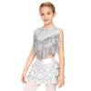Complete 70s Disco Costume Set for Kids Girls: Shiny Metallic Top with Chest Tassels & Tiered Ruffle Shorts, 2-Piece Outfit