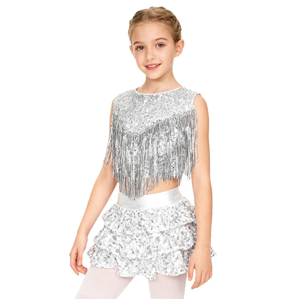 Complete 70s Disco Costume Set for Kids Girls: Shiny Metallic Top with Chest Tassels & Tiered Ruffle Shorts, 2-Piece Outfit