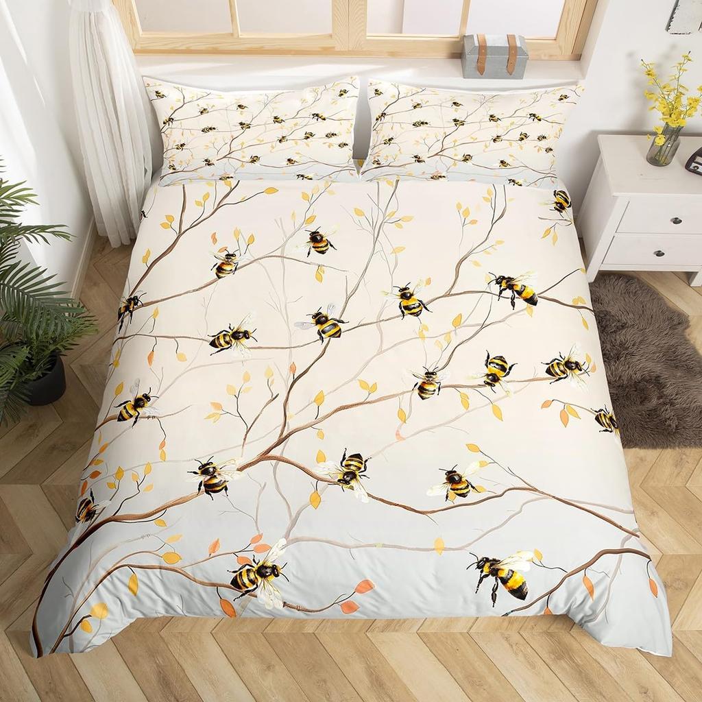 Bee Duvet Cover Twin Honeybee Bedding Set Farmhouse Wild Animal Comforter Cover Boho White Daisy Flowers Floral Wreath Bed Set