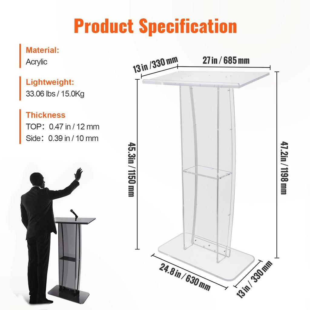 Acrylic Podium, 47" Tall, Clear Acrylic Podium Stand with Wide Reading Surface & Storage Shelf, Floor-standing Clear Pulpits Acrylic for Church Office