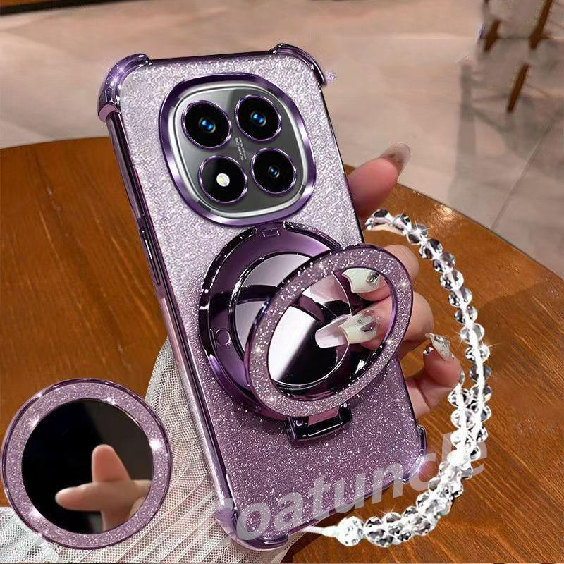 Glitter Magnetic Mirror Stand Bracelet Holder Case For Xiaomi Poco X7 PocoX7 Pro X6 X5 M7 M6 F6 F3 F7 Pro Ultra Shockproof Cover