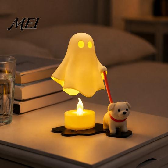 Anthropomorphic Dog Sculpture Halloween Ghost Walking Figurine, Cute Spooky Statue with Creative Table Centerpiece LED Candle, 3D Printed Tabletop
