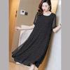 Feel Slippery Summer Black Loose Chiffon Short Sleeve Round Neck Loose Wave Point Dots Mid-length Skirt