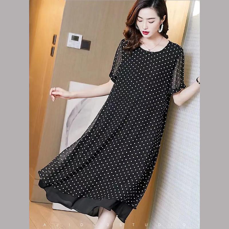Feel Slippery Summer Black Loose Chiffon Short Sleeve Round Neck Loose Wave Point Dots Mid-length Skirt