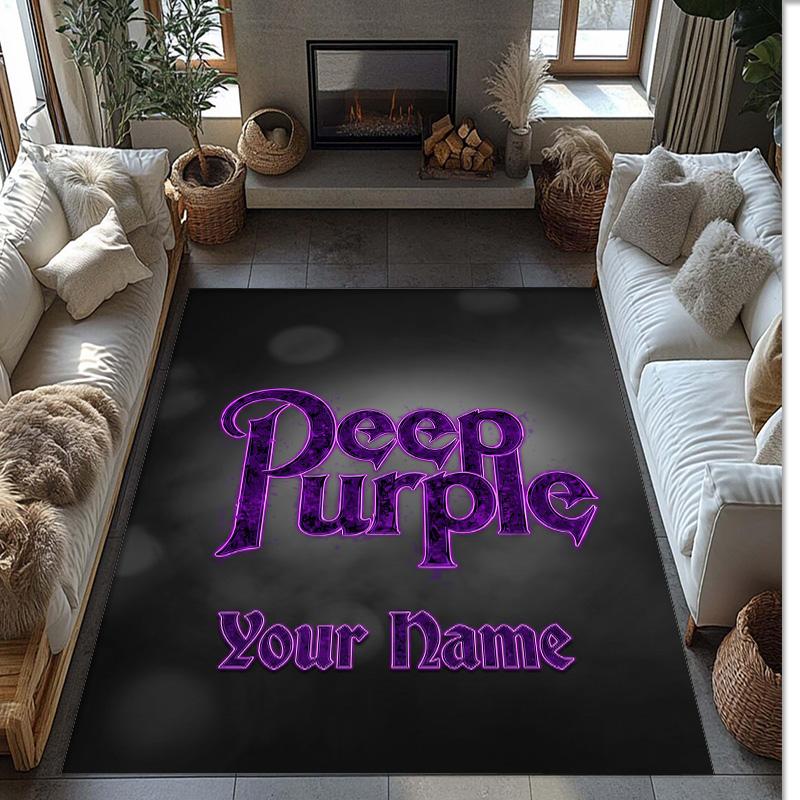 Deep Purple Crystal Velvet Rug, Custom Name Text Personalized Non‑Slip Floor Mat for Home Decor Gift