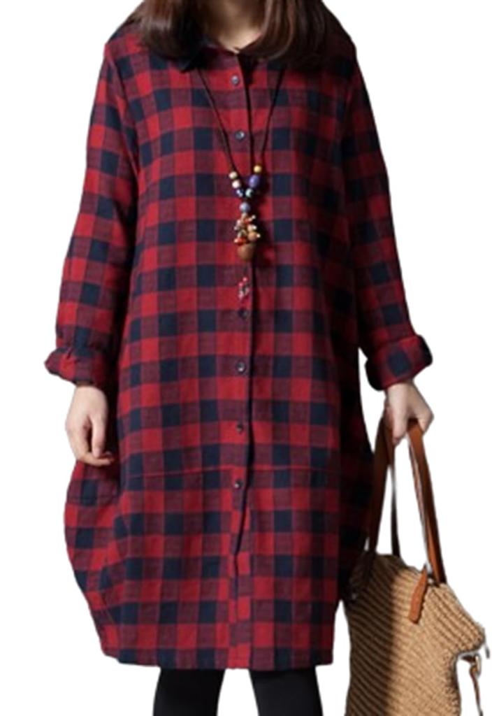 Plaid One Shirt For Going Going Lounge Lounge Everyday Work Asian Pattern Tunic Length Commuting To School Red Red [unifiss] Shirt, Pattern, Piece,