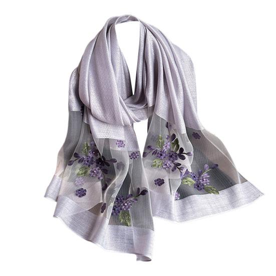 Шарф из искусственного шелка с вышитым бисером и цветком яблони, женская универсальная шаль, удобный шарф из искусственного шелка