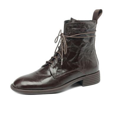 Овчина Осенне-зимняя обувь на низком каблуке Мотоциклетные ботинки с круглым носком Теплые ботильоны на шнуровке