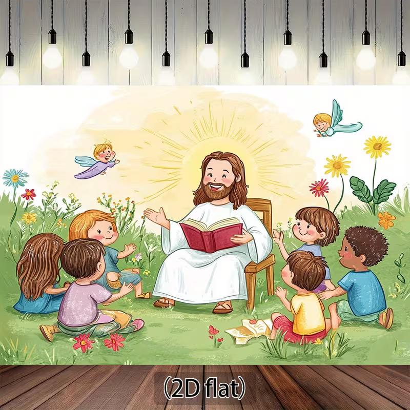 2D Religious Kids Backdrop, Jesus with Angels in Garden Photography Banner