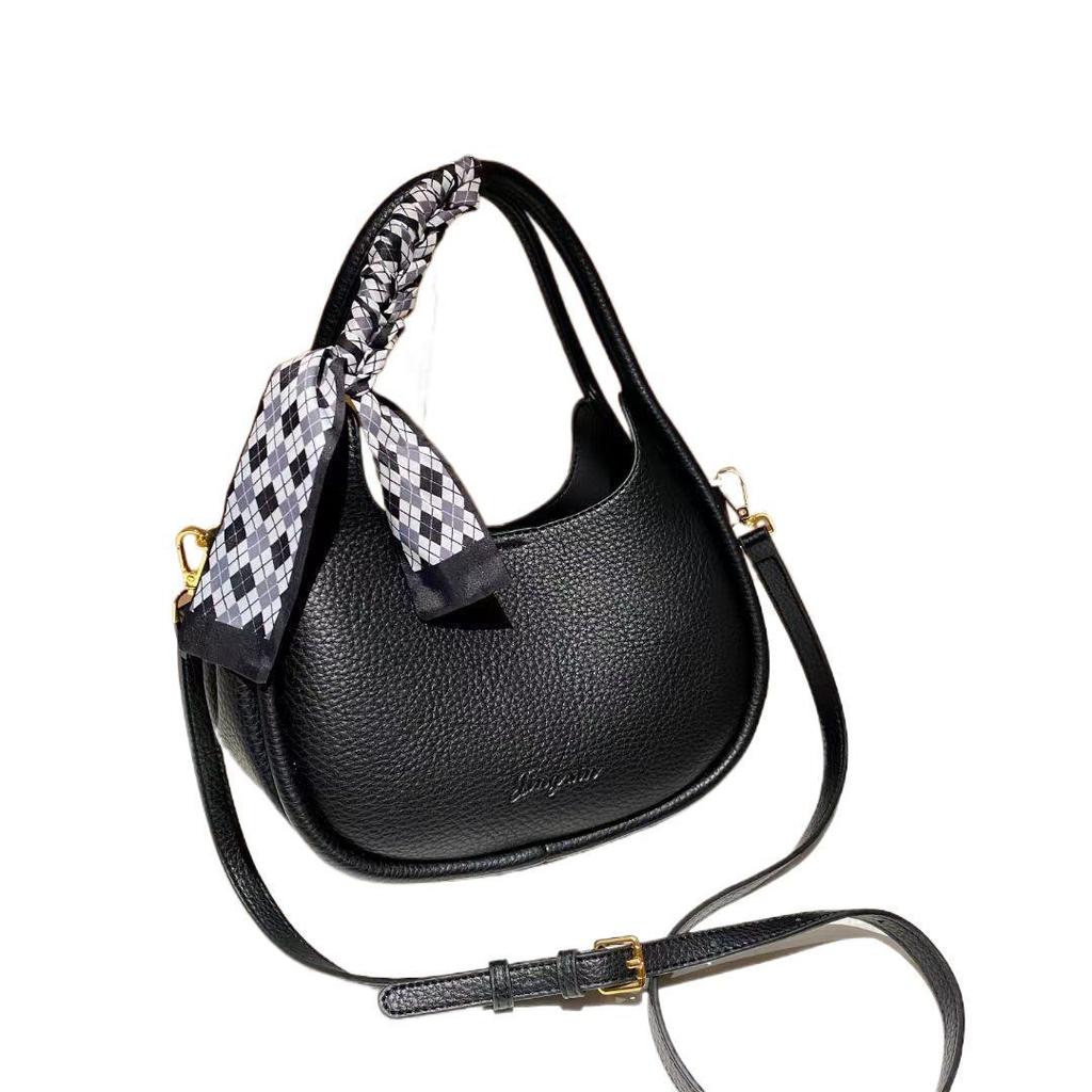 Women's Round Textured Silk Scarf Handbag - 2025 Soft Leather Crescent Style, Fashion Lychee Grain Shoulder Bag