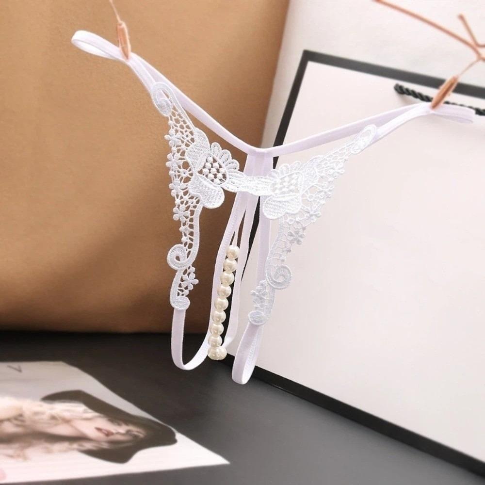 Low Waist Pearl Lace Underwear Pearl Mesh Lace Briefs Sweet Women's Thong  Female