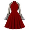 Women’s Swing Dress Mesh Shoulder Long Flare Sleeve Vintage Midi Dresses Holiday Party Casual Wear Black Burgundy