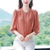 Spring Summer Women's Clothing Round Neck Pullover Button Lantern Long Sleeve Chiffon T-shirt Casual Elegant Fashion Tops