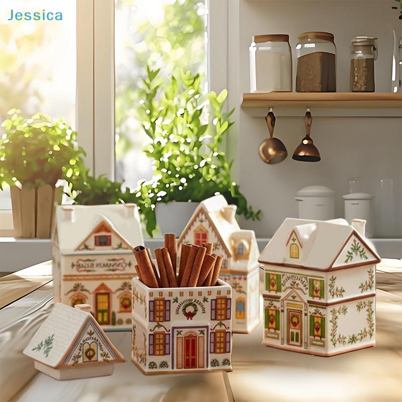 Christmas Holiday Village Spice House Set-Mini Gingerbread Houses Jars Festive Decor Kitchen Countertop Christmas Candle