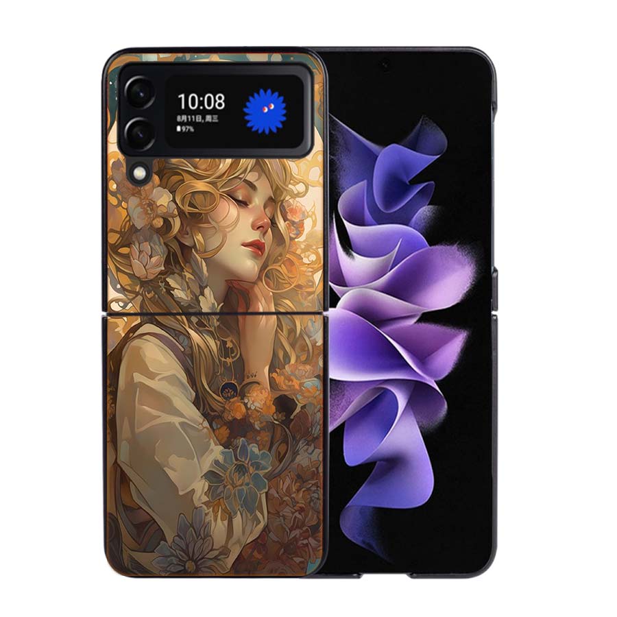 Exquisite Women's Loish Style Flowers Phone Case For Samsung Z Flip 7 6 5G Galaxy Z Flip4 Z Flip5 Z Flip3 Coque Black Hard PC Sh