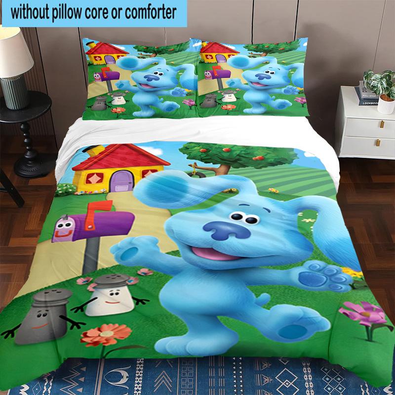 Cartoon Blue dog 3pcs Bedding,Including 1pc Duvet Cover And 2pcs Pillowcases Perfect for Christmas,Ideal for Bedroom, Dormitory