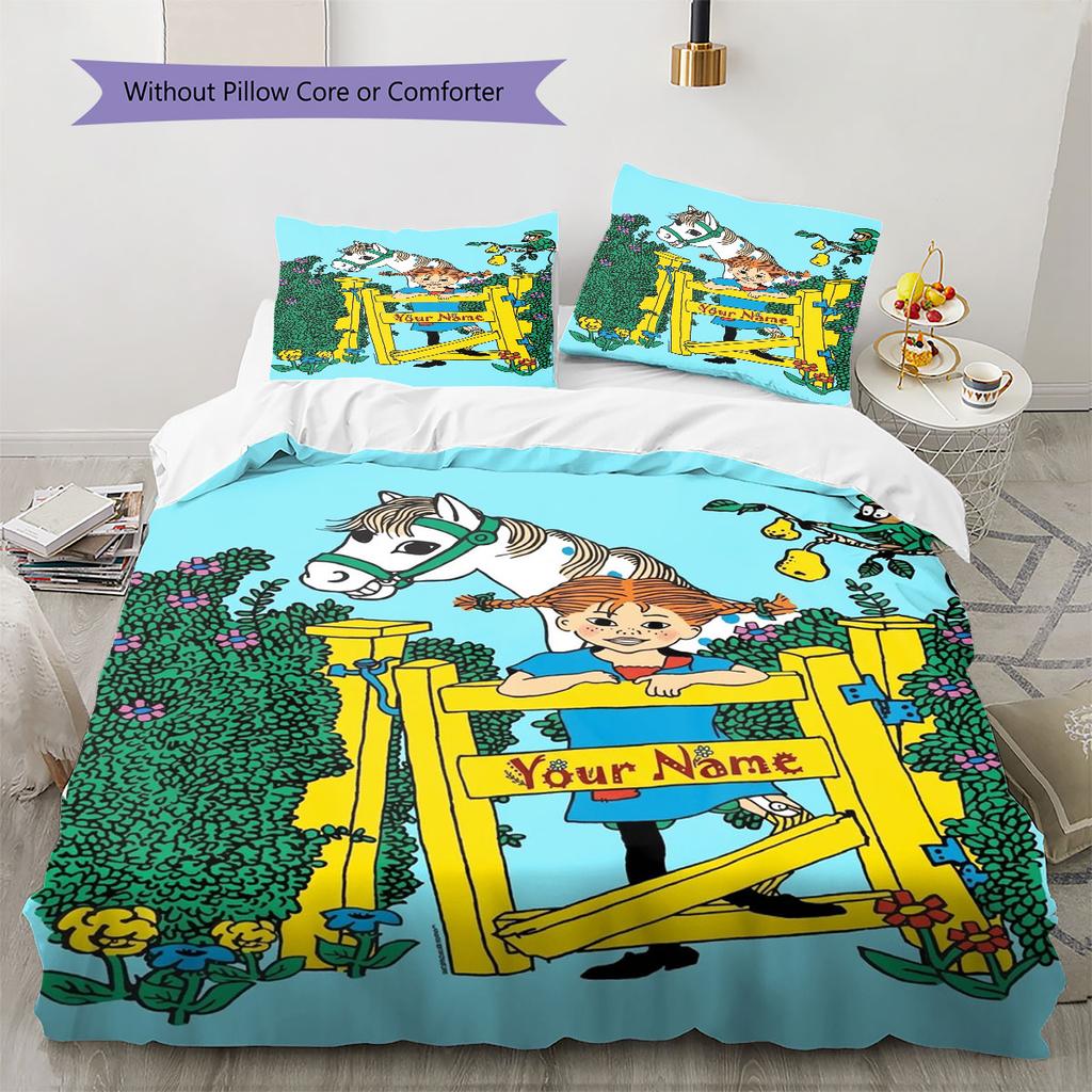 Pippi Longstocking Custom Name Pattern Bedding,Quilt Set Quilt Cover Pillowcase Home Birthday Gift(1 * duvet cover + 2 * pillowcase, without core)