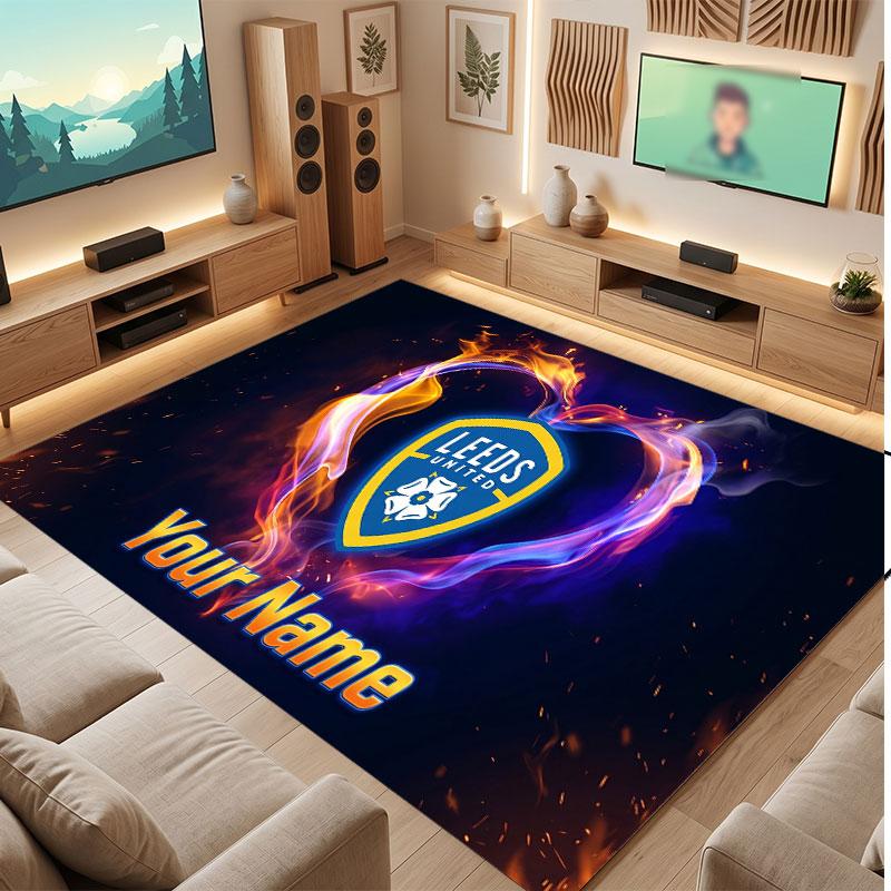 Leeds United Custom Crystal Velvet Rug, Personalized Name Text Print, Football Logo Soft Non‑Slip Floor Mat Home Decor Gift