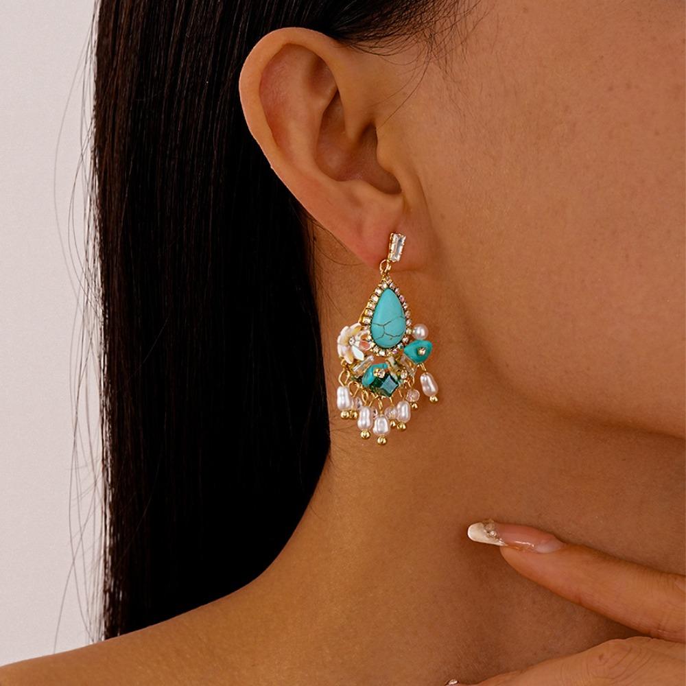 Бирюзовые Богемные Бирюзовые Серьги Жемчужные Серьги в форме Цветка Подвеска Женские Подарки