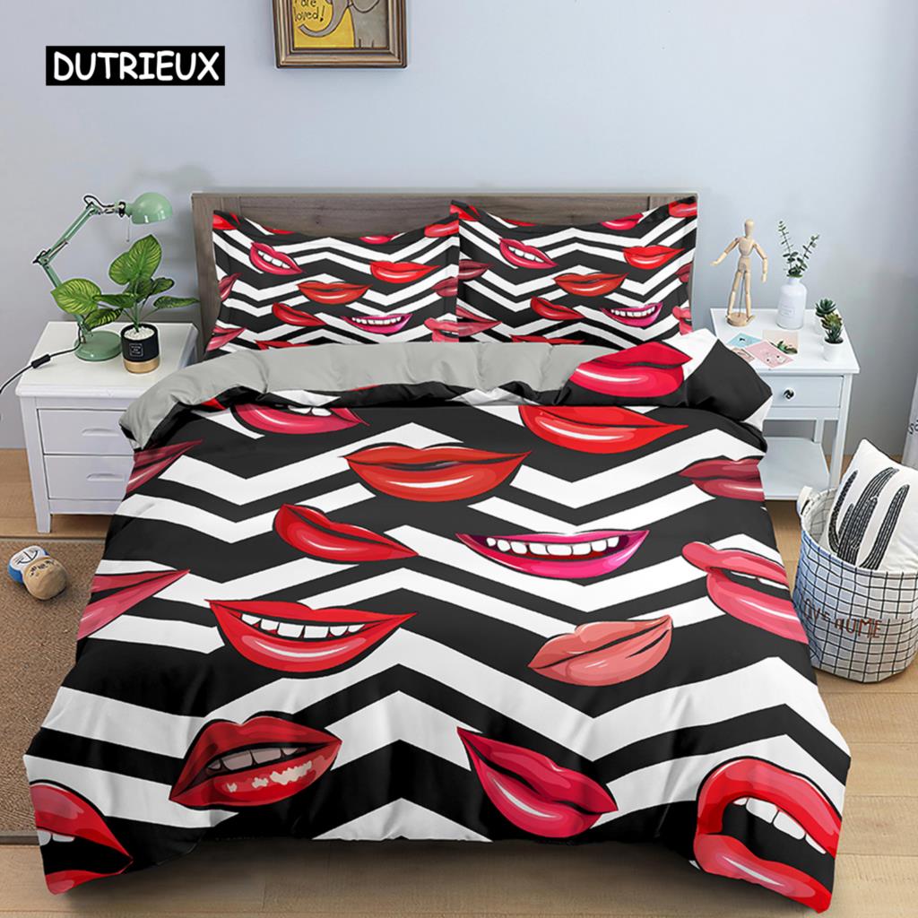 Комплект постельного белья с красными губами, комплект постельного белья 3D Kiss Me Red Lips, постельное белье King Size, пододеяльник с сексуальными губами для женщин и мужчин, декор для спальни