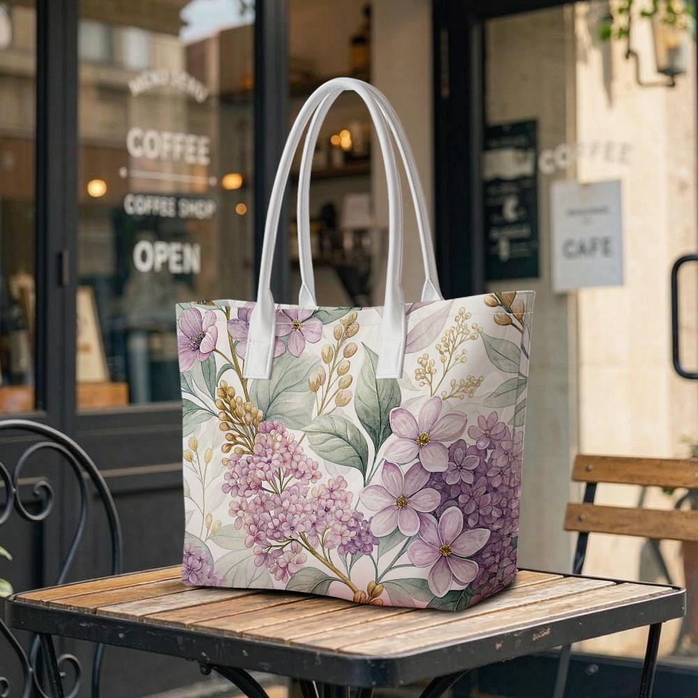 Purple Lilac Print Women Tote Bag Fashion Casual Lightweight Daily Carry Handbag for Shopping Outdoor