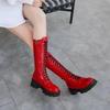 Fashion New Black Red Cross Strap Thick Soled Height Increasing Long Boots Autumn Winter Fashion Plush Warm Women Knee High Boots 34-43