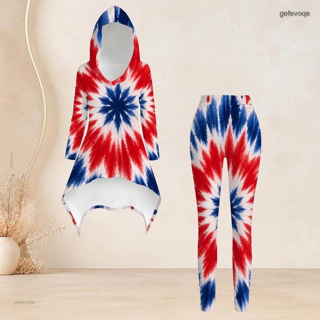 Women Plus Size Navy Blue Printed Hooded Long Sleeve High Low Top Fitted Pants Two Piece Set