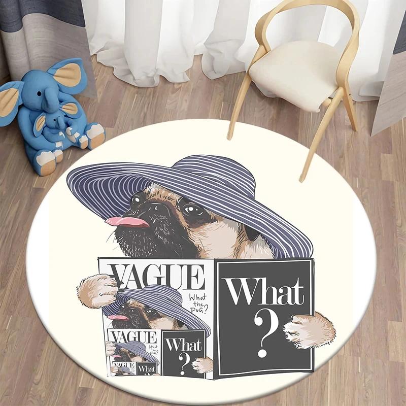 Милый ковер круглый с мопсом, кавайный коврик для питомца для декора гостиной, спальни, противоскользящий коврик для пола, круглый коврик для кухни, придверный коврик