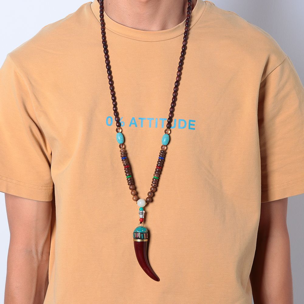 Boho Lucky Gift Ethnic Jewelry Party Buddhist Mala Wood Bead Horn Fish Pendant Nepal Necklace