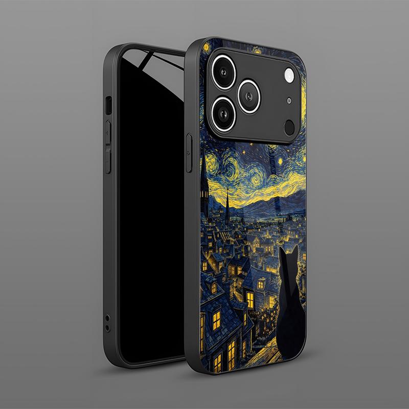 2D Ночной вид Кошачий узор Чехол для iPhone Совместим с iPhone 17 16 15 14 13 12 11 X XR XS Max Pro 8 plus Стеклянная Защитная Крышка