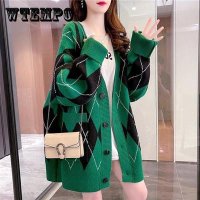 Клетчатый вязаный кардиган с длинными рукавами и длинными рукавами, свитер, женская зимняя одежда, модные повседневные свободные свитера с v-образным вырезом