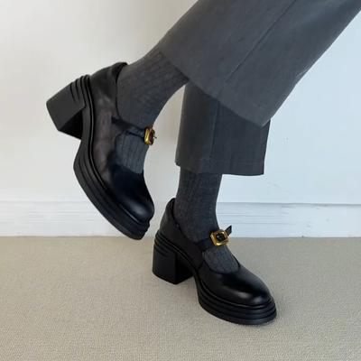 Овчина~ Маленькие толстоподошвенные увеличивающие рост кожаные лоферы для женщин, ретро, с одним ремешком, на толстой подошве, с круглым носком, британские маленькие кожаные туфли