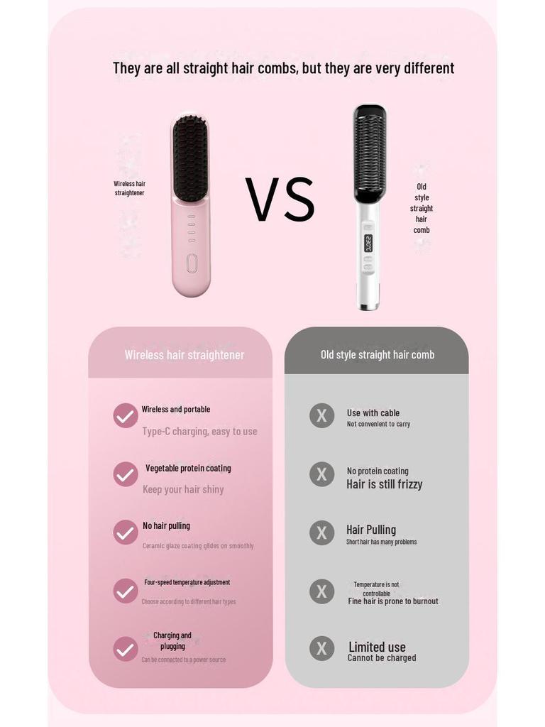Портативная беспроводная ионизированная расческа для выпрямления и завивки волос – двойного назначения, защита от ожогов, бережное отношение к волосам