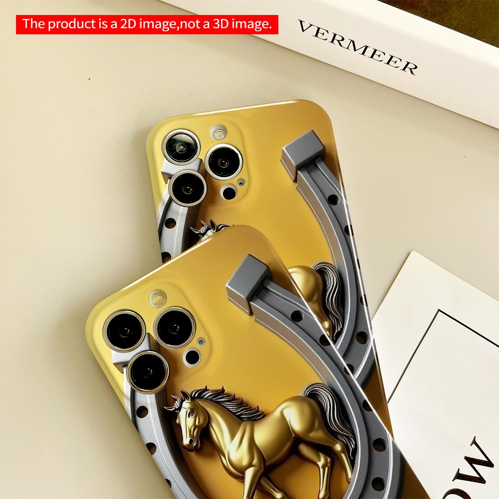 2DFlat Golden Horse in Silver Horseshoe Wall Art All inclusive film hard phone case, compatible with iPhone 18 Pro Max 17 16 15 14 13 12 11