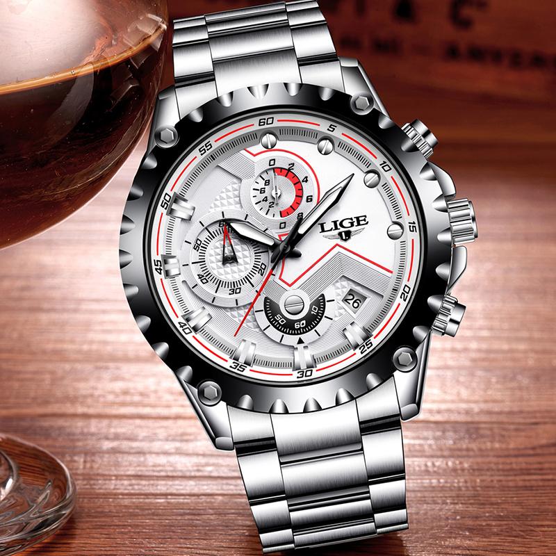 LIGE Fashion Luxury Man Watch Brand Business Stainless Steel Band Waterproof Quartz Watches for Mens Military Casual Chronograph