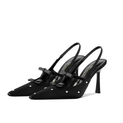 Роскошные сандалии женские дизайнерские горошек стразы бант сексуальные черные высокие каблуки маленькая квадратная головка красивые легкие губы пустые туфли