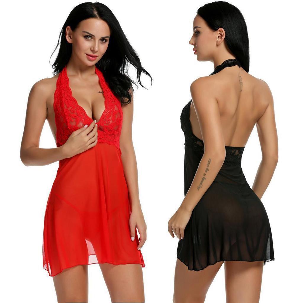 Alluring Women Sexy Lingerie Dress Baby Doll Halter Lace Patchwork Sleepwear Nightwear