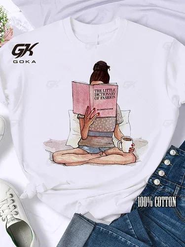 Кофе Книги Коричневые Книги Американский Ретро Хлопковая Футболка Женская Футболка с Круглым Вырезом и Рукавом Три Четверти Принтованные Топы Женские Футболки Оверсайз