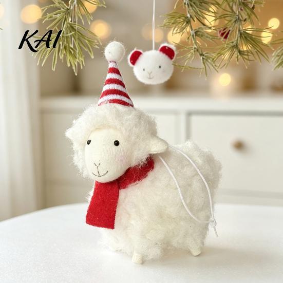 Soft Fabric Animal Figurines Plush White Sheep Christmas Ornament, Cute Knit Hat Lamb Tabletop Decoration, Desktop Festive Ornaments
