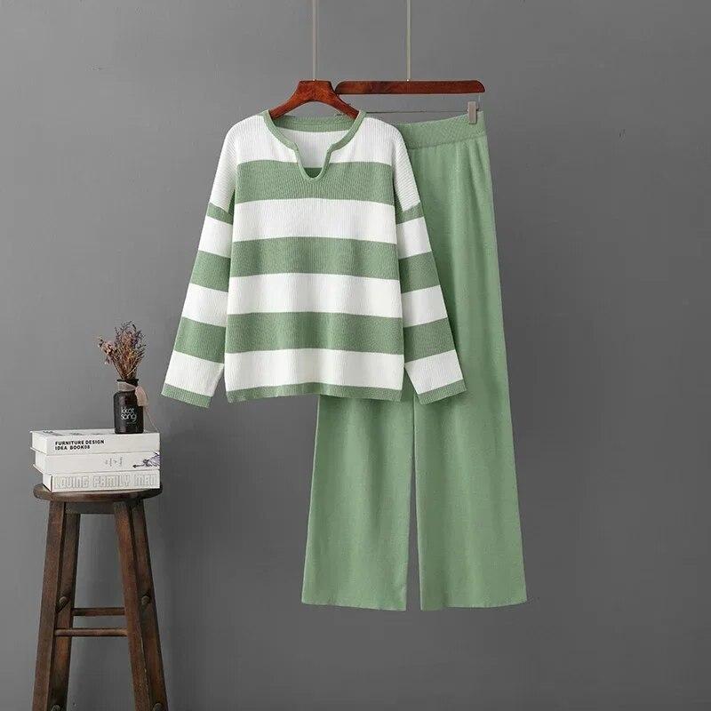 Two-piece Sets Vintage Elegant V-neck Long-sleeved Contrast Striped Knit Sweater Women Tracksuit High Waist Draped Pants Sets