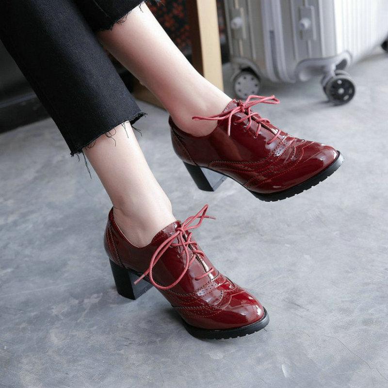 Women Brogues Shoes High Heels Derby Oxford Shoes Woman
