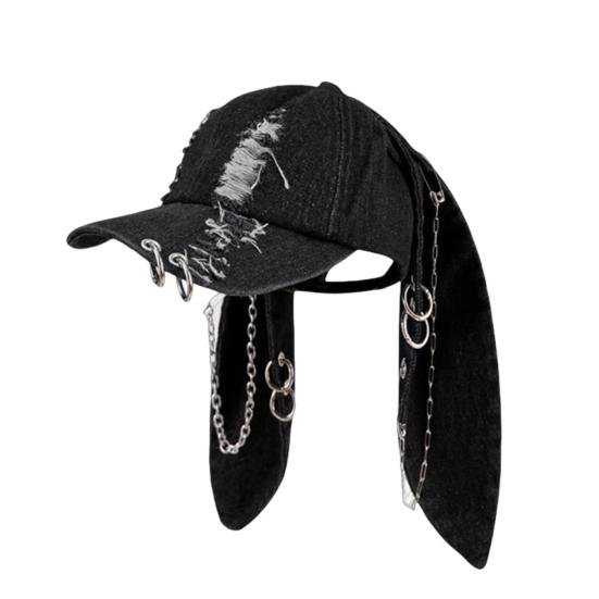Denim Baseball Hat Adjustable Strap Distressed Design Denim Cap with 3D Bunny Ears