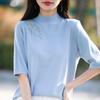 Women's Spring and Summer New Half-high Neck Mid-sleeved Worsted Wool Knit Sweater Lace Splicing Bottoming Shirt Thin T-shirt