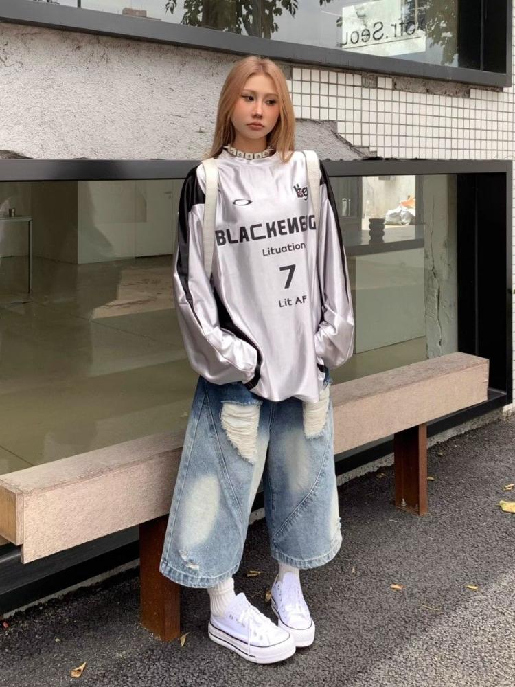 90s Plus Size American Retro Ripped Cropped Jeans Women Y2k Design Sense Shorts Loose High Waisted Straight Wide Leg Pants