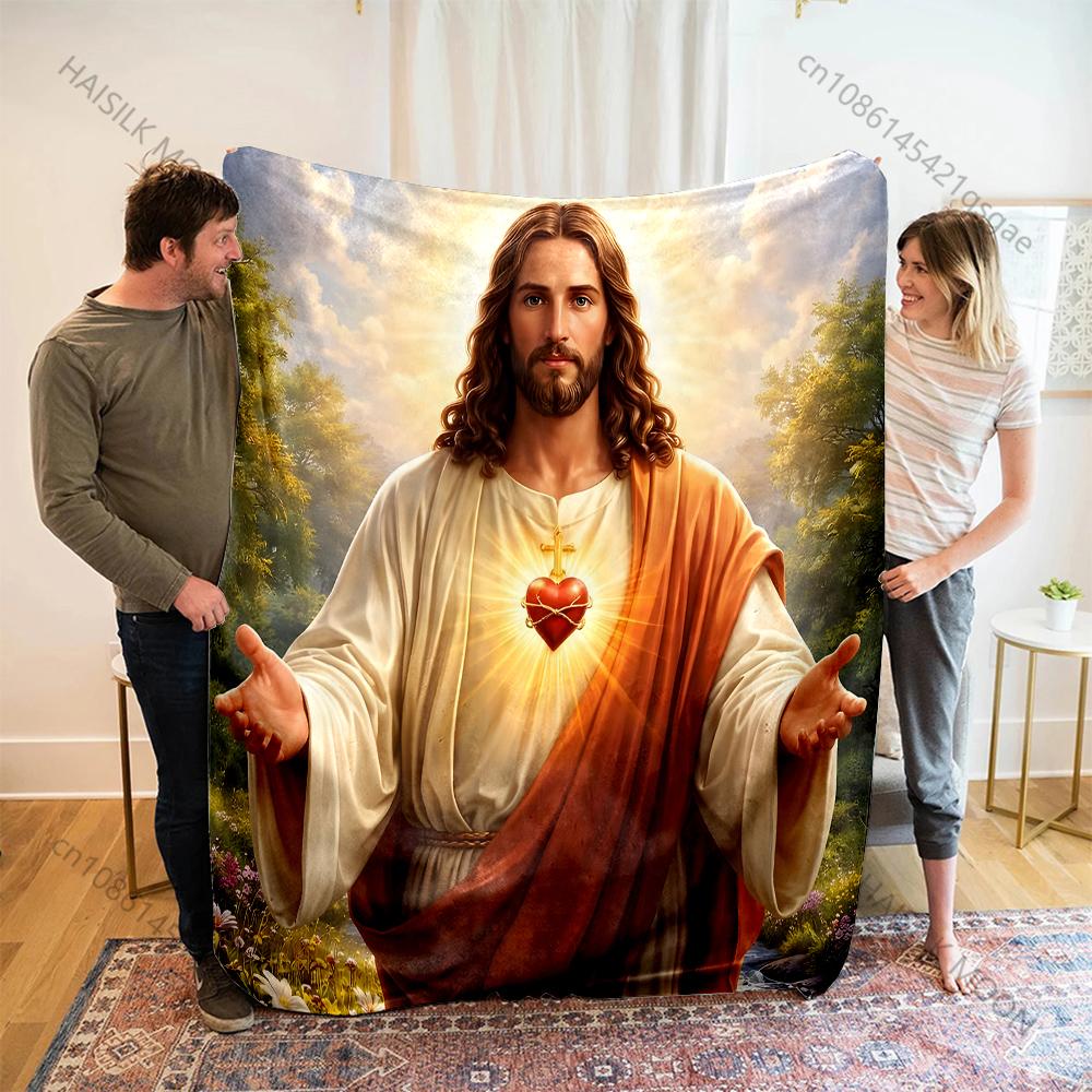 1PC Sacred heart with radiant background Print Believer Pray blanket Warm soft flannel material suitable for all seasons gift