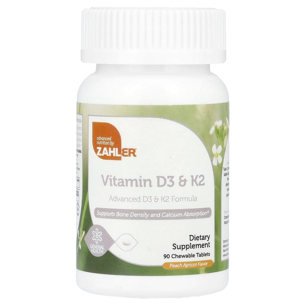 Zahler Vitamin D3 & K2 Peach Apricot Flavor Chewable Tablets, 90 Count