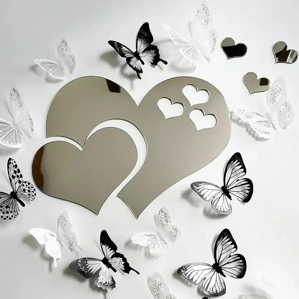 3D Зеркальные Наклейки на Стену Сердца Модные DIY Наклейки Самоклеящиеся LOVE Свадебный Фон Украшение Комнаты Обои