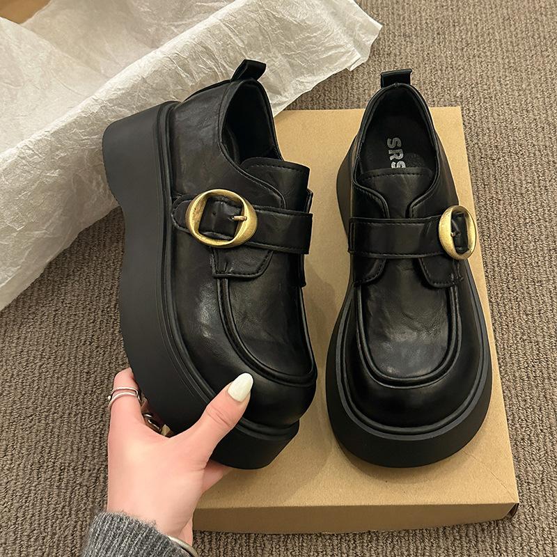 Маленькие кожаные туфли на толстой подошве женские весенне-осенние новые туфли-лодочки черные одинарные туфли Дуду